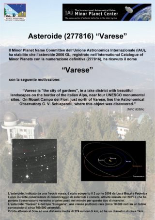 Documento ufficiale che certifica il nuovo nome dell'Asteroide Varese